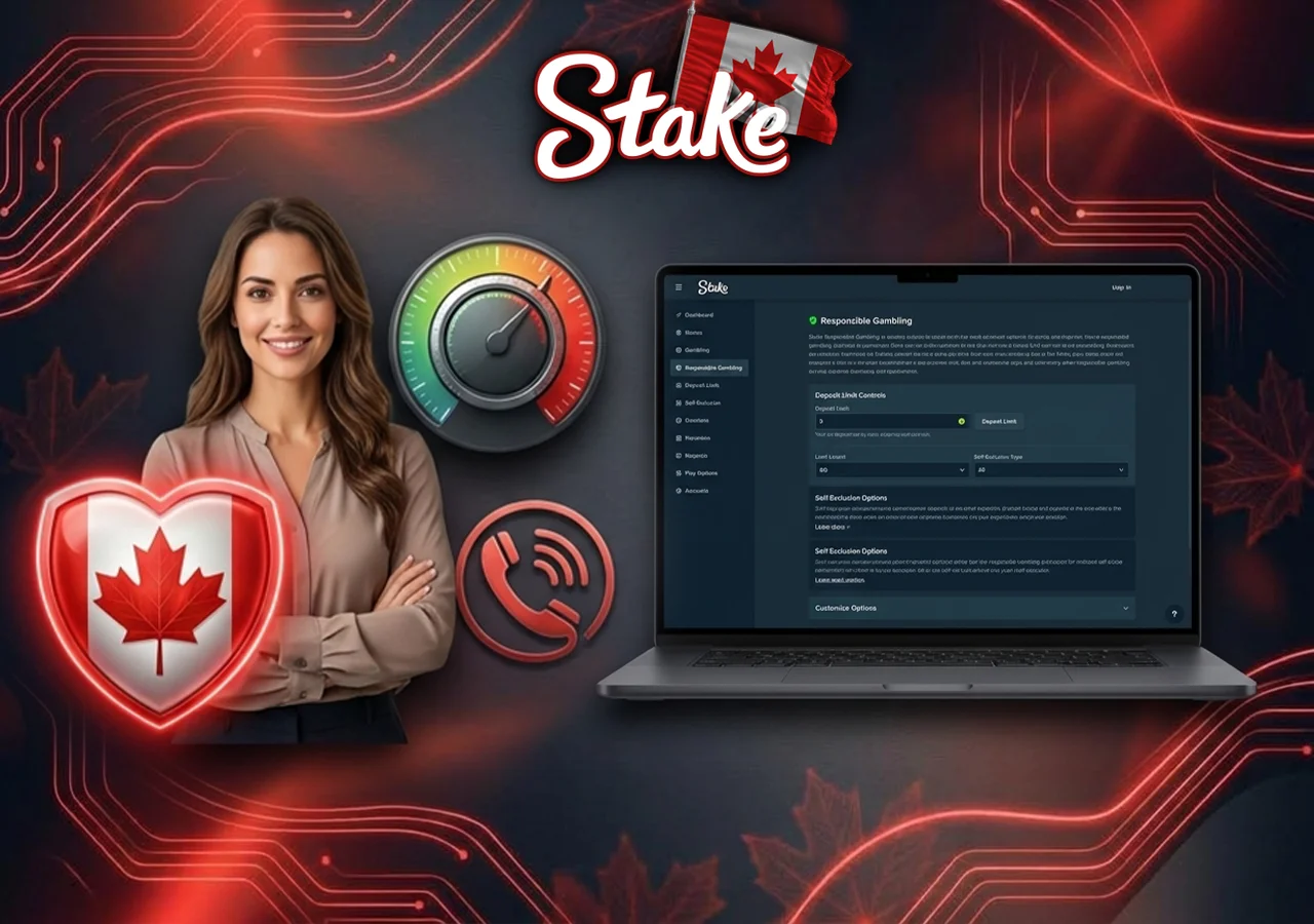 Stake integrates deposit threshold controls and direct links to Canadian assistance helplines.